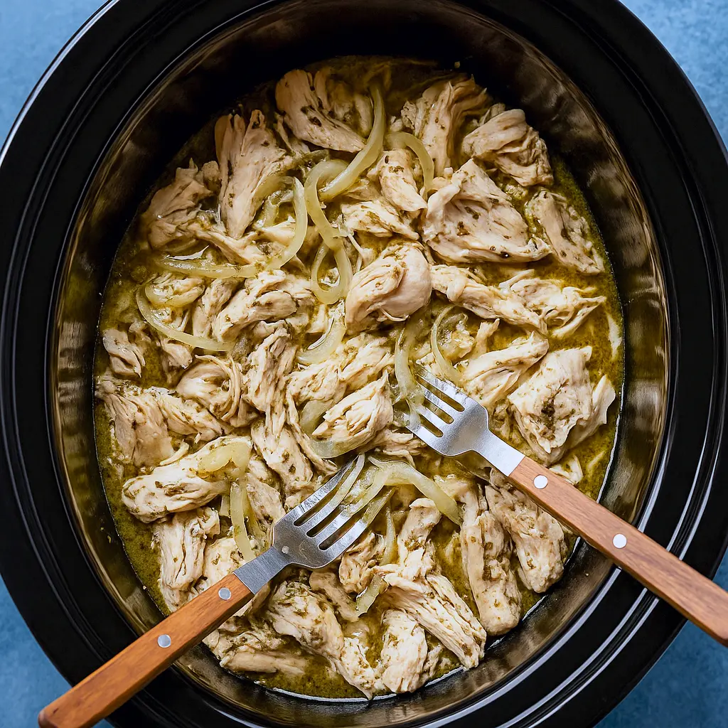 Shredded lemon-oregano slow cooker chicken piled on a bowl of rice with a side of tzatziki, sprinkled with parsley and lemon wedges.