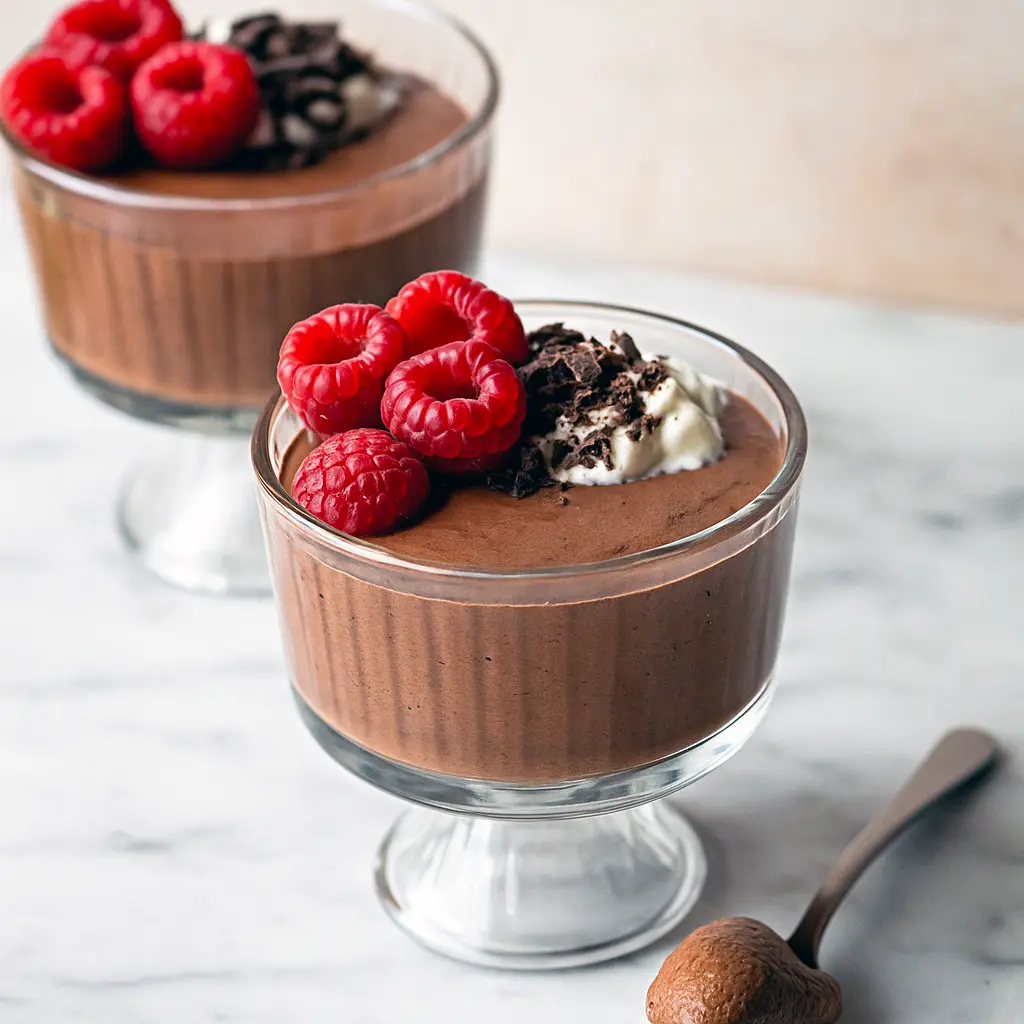 Glass jar of silky chocolate pudding topped with berries and cacao nibs, made from Blended Chia Seeds.
