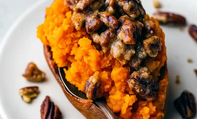 Golden twice-baked sweet potatoes filled with creamy mashed sweet potato and topped with a crunchy pecan streusel, served on a rustic platter.