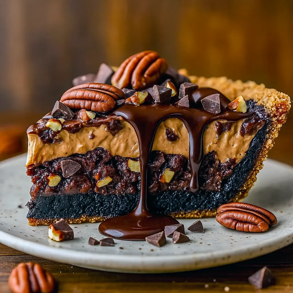 Sliced Texas Chocolate Pecan Pie with glossy chocolate filling and toasted pecans on a flaky crust — a luscious example of Dessert Pies with vintage charm, nodding to Vintage Dessert Recipes and perfect for anyone searching “Pie Recipes Dessert.”