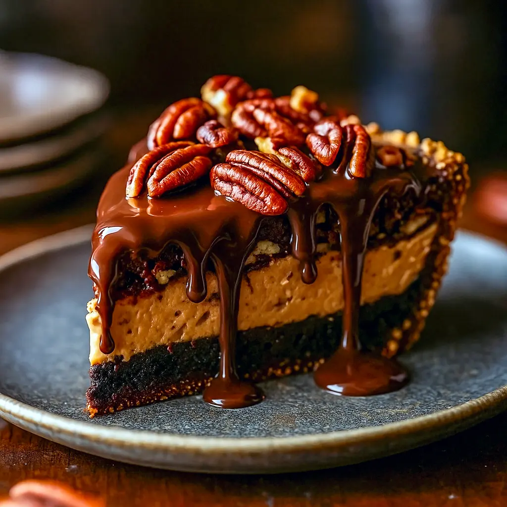 Sliced Texas Chocolate Pecan Pie with glossy chocolate filling and toasted pecans on a flaky crust — a luscious example of Dessert Pies with vintage charm, nodding to Vintage Dessert Recipes and perfect for anyone searching “Pie Recipes Dessert.”