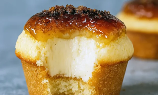 Close-up of a vanilla bean crème brûlée cupcake with a glossy, caramelized sugar top and creamy filling, photographed on a rustic plate.