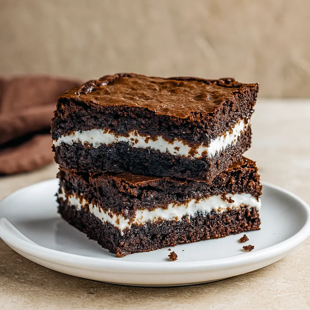 Close-up of a fudgy, dark brownie square made with Greek yogurt, showing a moist crumb and glossy top on a white plate.