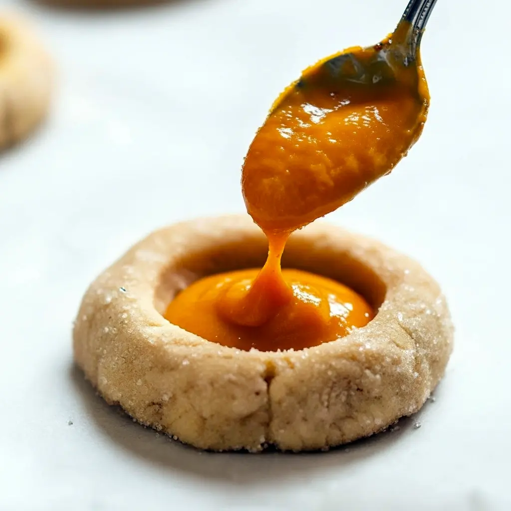 Golden thumbprint pumpkin cookies on a wooden board — ideal September Baked Goods and cozy Halloween Snacks Recipes, a clever Pumpkin Pie With Cookie Crust twist among Seasonal Cookies finished with spiced Pumpkin Pie Cookie Toppings.