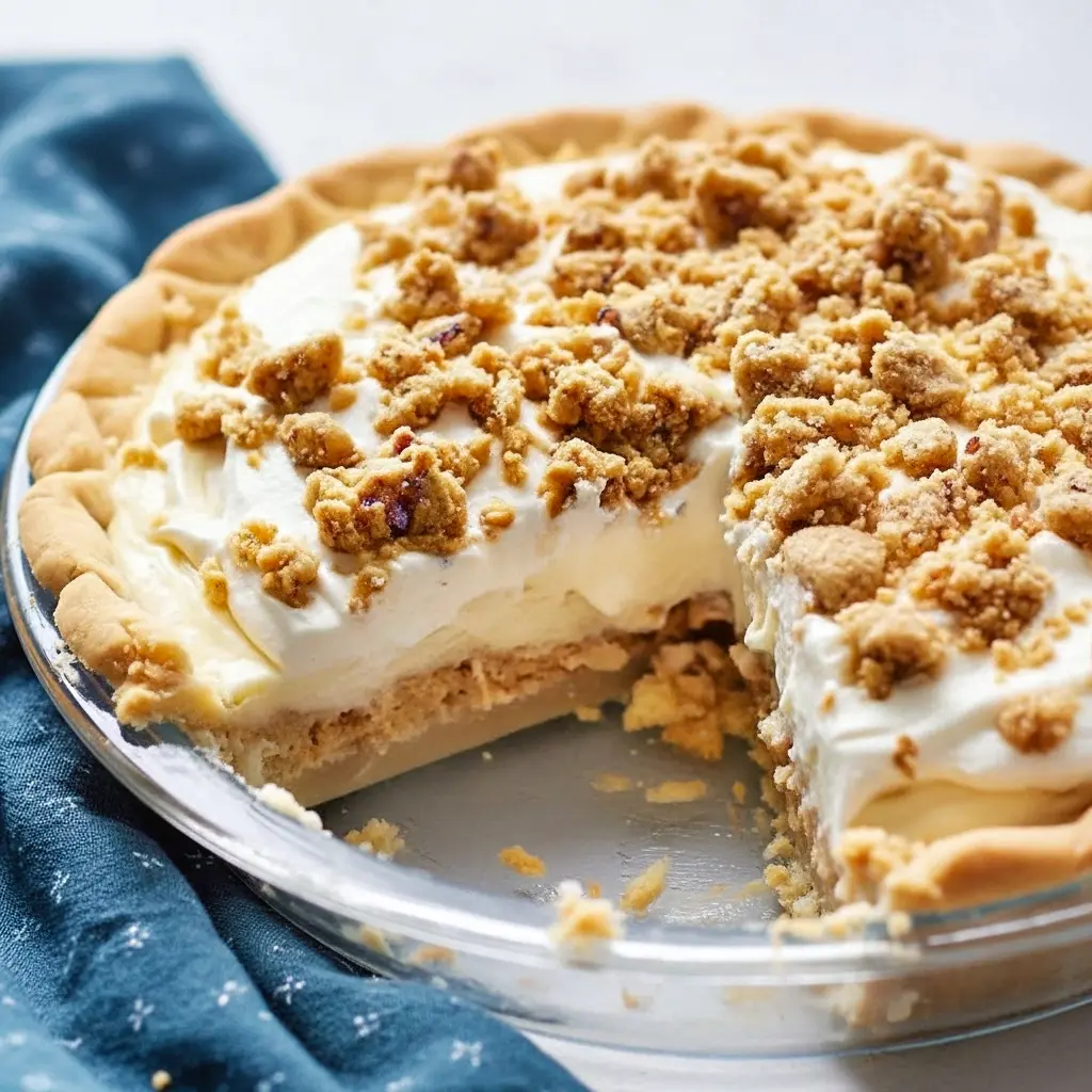 Slice of peanut butter pie on a white plate showing flaky crust, peanut crumbles, creamy vanilla filling, and a cloud of whipped cream, Amish Peanut Butter Pie.