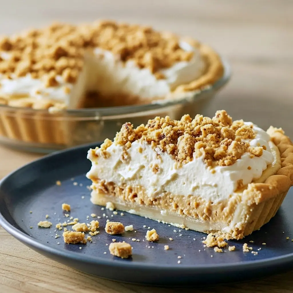 Slice of peanut butter pie on a white plate showing flaky crust, peanut crumbles, creamy vanilla filling, and a cloud of whipped cream.