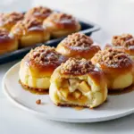 Golden apple cheesecake crumble bun with oat streusel and a creamy center on a white plate.