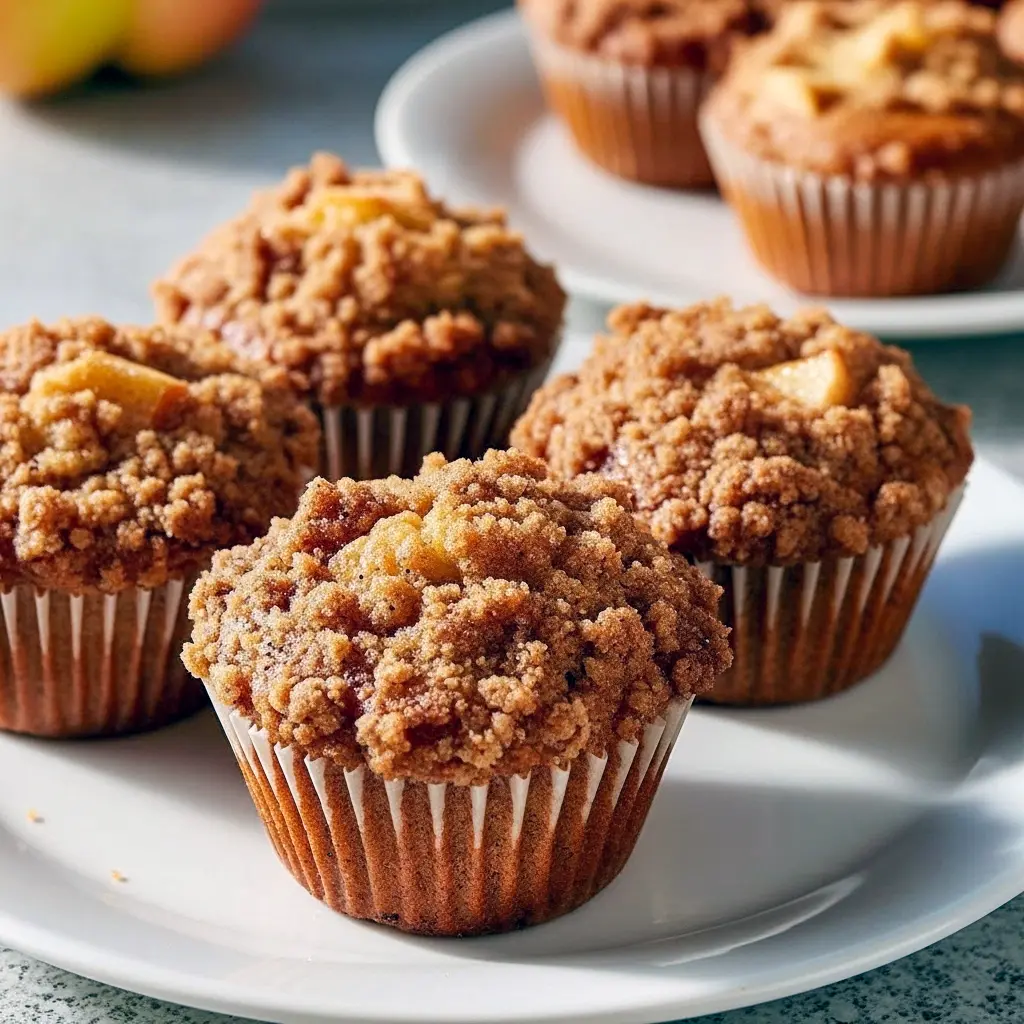 Close-up of golden, streusel-topped muffins with apple chunks and pecan bits, evoking an Apple Pie Muffins Recipe and the nutty charm of Apple Pecan Muffins — a tempting option in Fall Recipes Sweet collections, Fall Apple Muffins.