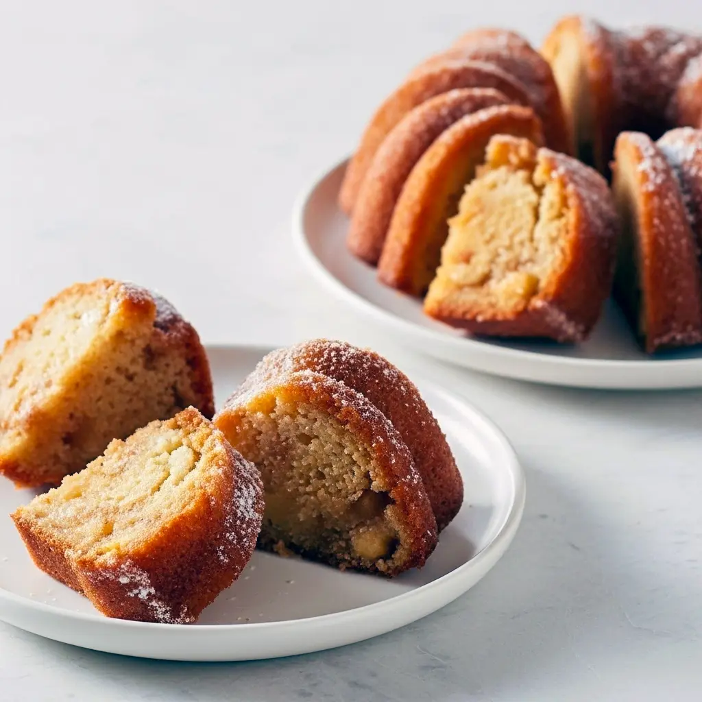 A beautifully golden Cider Bundt Cake dusted with cinnamon sugar, showcasing a moist, spiced interior — perfect for fans of Apple Cider Donuts and cozy Bundt Cakes Recipes.