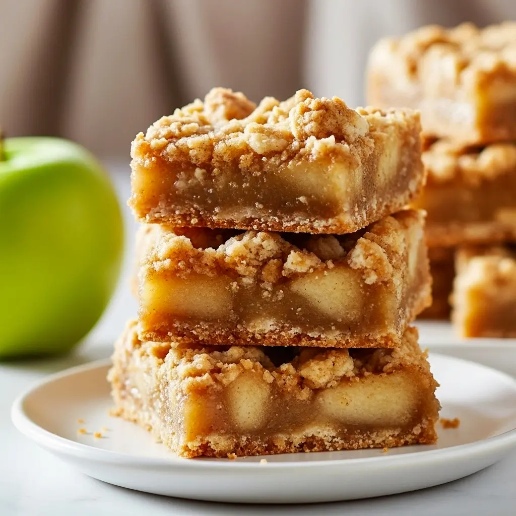 Close-up of Apple Crumb Bars Easy with golden Apple Crumb Bars Streusel Topping, layers of spiced apple filling on a buttery shortbread crust, drizzled with caramel sauce — cozy autumn dessert inspired by Apple Pie Bars.