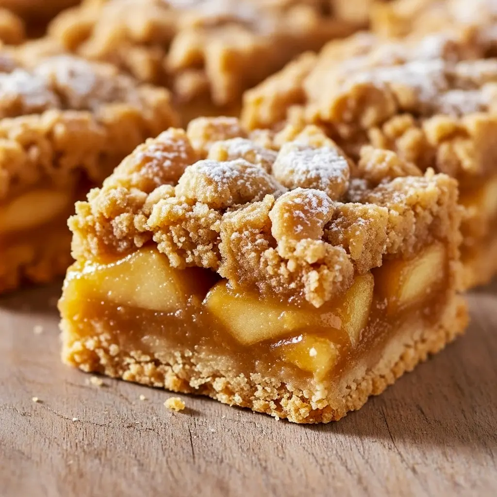 Close-up of Apple Crumb Bars Easy with golden Apple Crumb Bars Streusel Topping, layers of spiced apple filling on a buttery shortbread crust, drizzled with caramel sauce — cozy autumn dessert inspired by Apple Pie Bars.