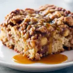 Slice of apple fritter coffee cake with pecan crumble and brown sugar glaze on a white plate.
