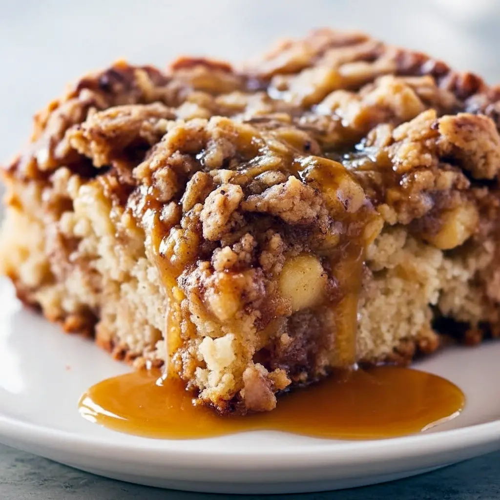 Slice of apple fritter coffee cake with pecan crumble and brown sugar glaze on a white plate.