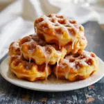 Stack of glazed apple-fritter waffle donuts on a plate, drizzled with vanilla glaze and dusted with cinnamon sugar.