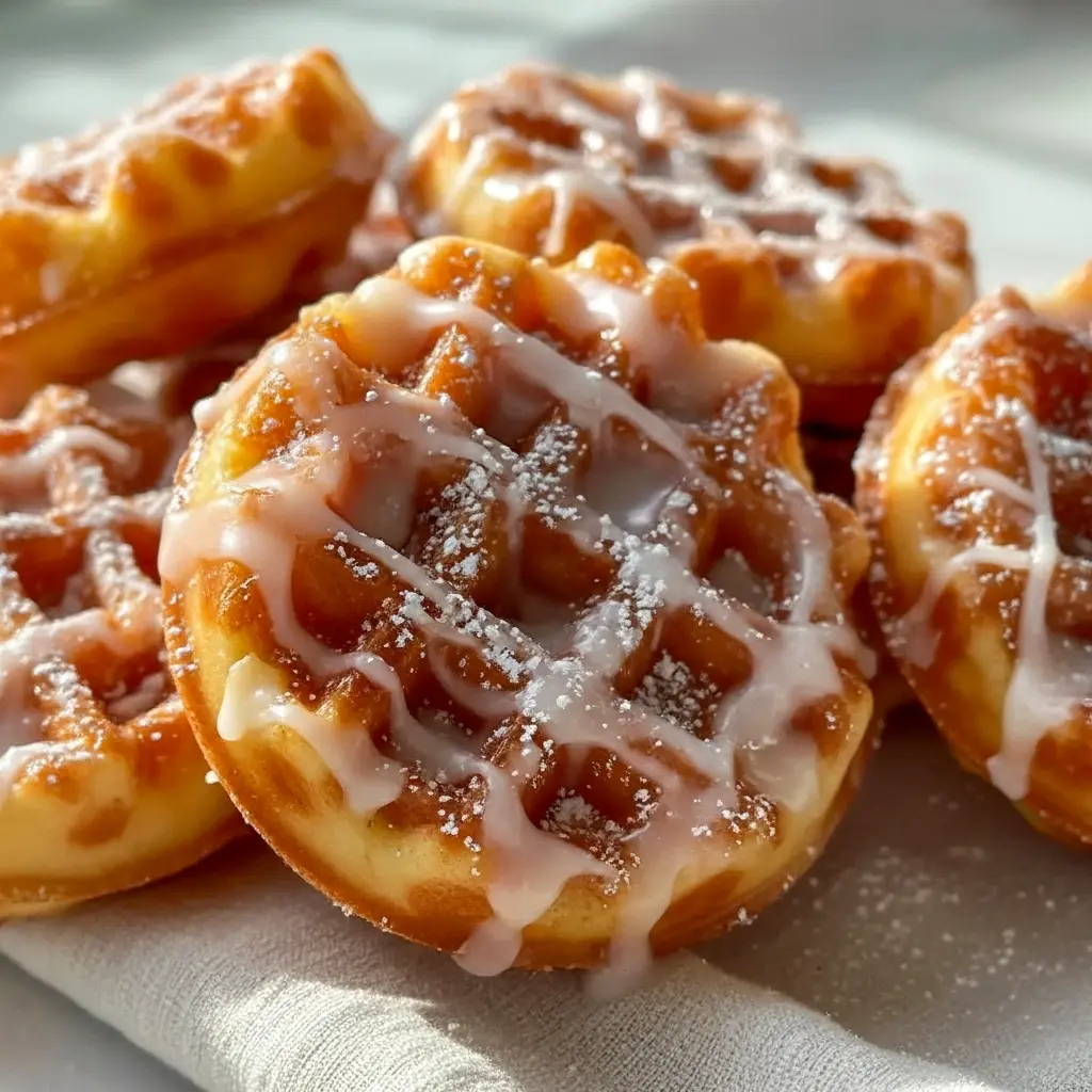 Stack of glazed apple-fritter waffle donuts on a plate, drizzled with vanilla glaze and dusted with cinnamon sugar.