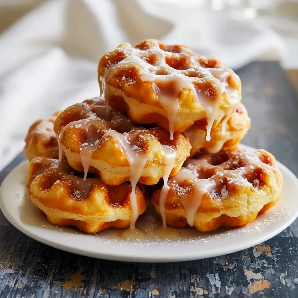 Stack of glazed apple-fritter waffle donuts on a plate, drizzled with vanilla glaze and dusted with cinnamon sugar.