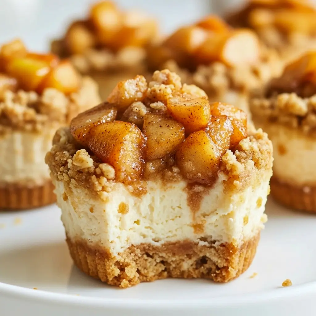 Close-up of Apple Pie Cheesecake Bites, layered with golden graham crust, creamy cheesecake, and cinnamon apple topping — perfect Good Desserts For Thanksgiving and cozy Yummy Fall Dessert Recipes.