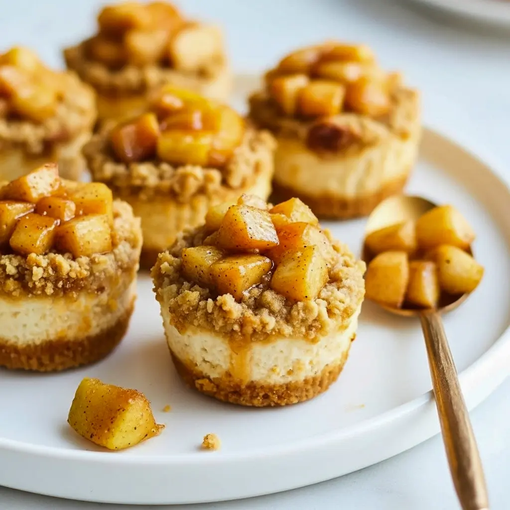 Close-up of Apple Pie Cheesecake Bites, layered with golden graham crust, creamy cheesecake, and cinnamon apple topping — perfect Good Desserts For Thanksgiving and cozy Yummy Fall Dessert Recipes.