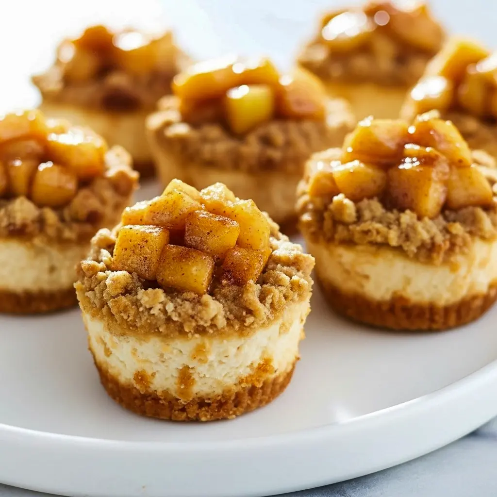 Close-up of Apple Pie Cheesecake Bites, layered with golden graham crust, creamy cheesecake, and cinnamon apple topping — perfect Good Desserts For Thanksgiving and cozy Yummy Fall Dessert Recipes.
