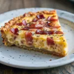 Golden-brown Bacon And Cheese Quiche baked with a crispy Quiche With Hashbrown Crust, topped with melted cheddar and crispy bacon—perfect for Breakfast Quiche Recipes or an easy brunch idea.