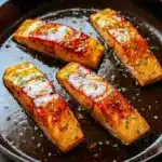 Glazed brown sugar salmon fillet with caramelized sauce, served with rice and steamed greens.