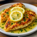 Golden-brown chicken cutlet topped with lemon-butter sauce, fresh parsley, and lemon slices, served on a white plate.