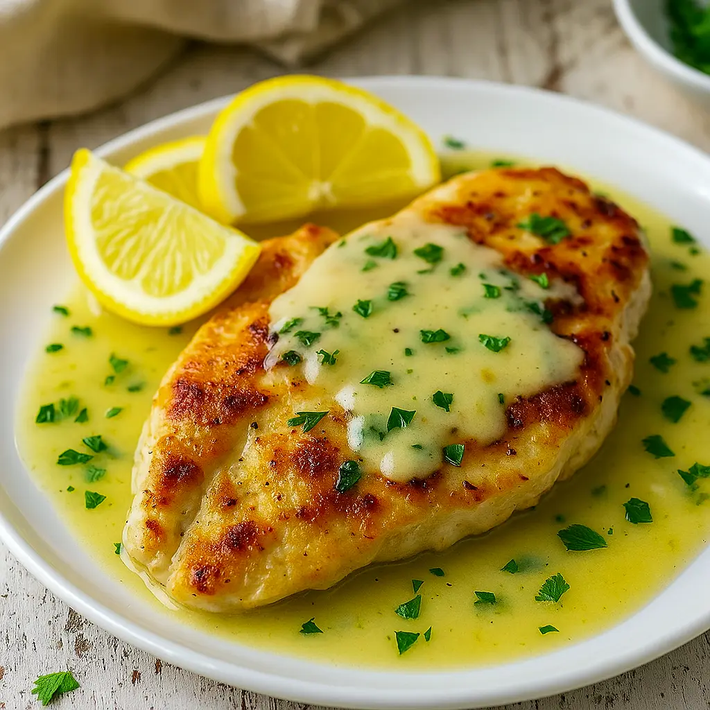 Golden-brown chicken cutlet topped with lemon-butter sauce, fresh parsley, and lemon slices, served on a white plate.