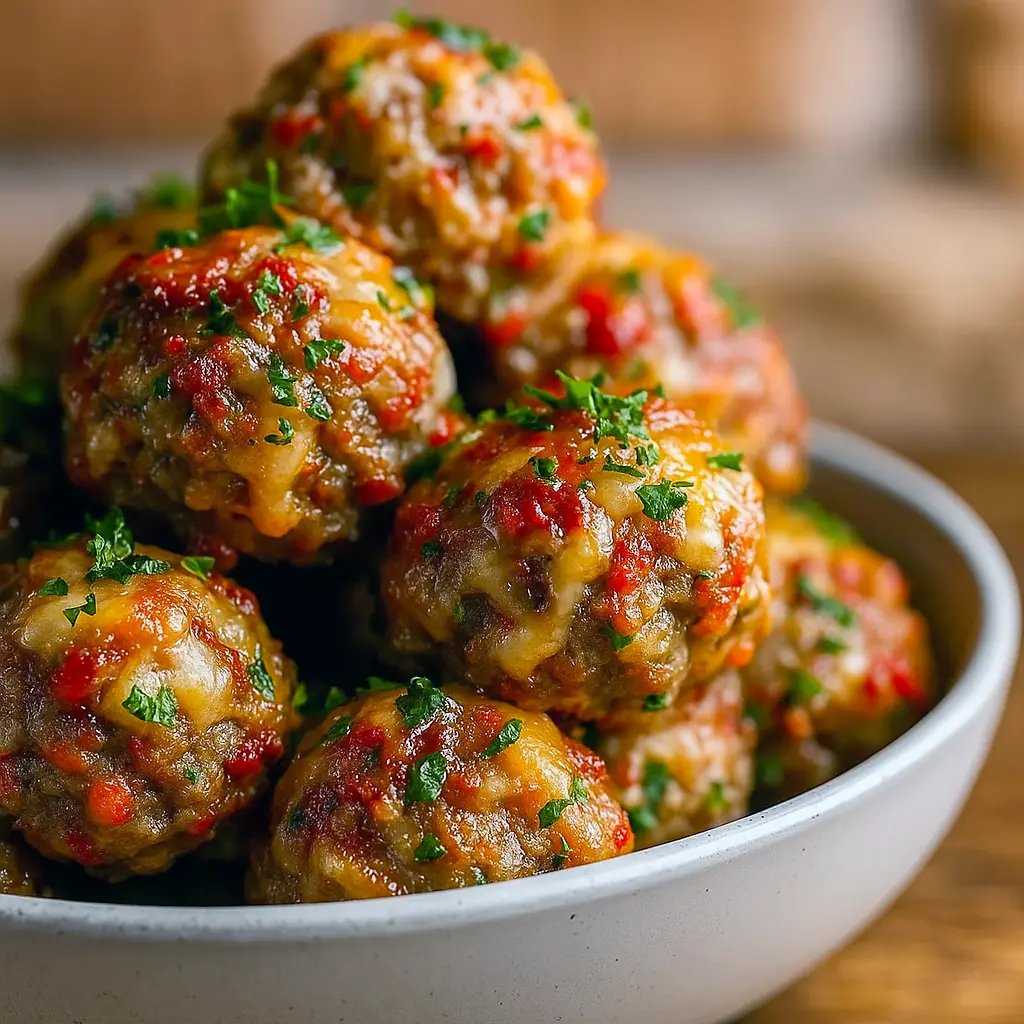 Golden-brown Cream Cheese Sausage Balls on a tray, baked to perfection with cheddar and Rotel — the ultimate Sausage Balls for Football Food, parties, and Yummy Appetizers that rank among the Best Appetizer Recipes.