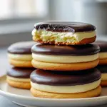 Two round sandwich cookies filled with silky cream and topped with a glossy chocolate glaze, arranged on a serving plate.