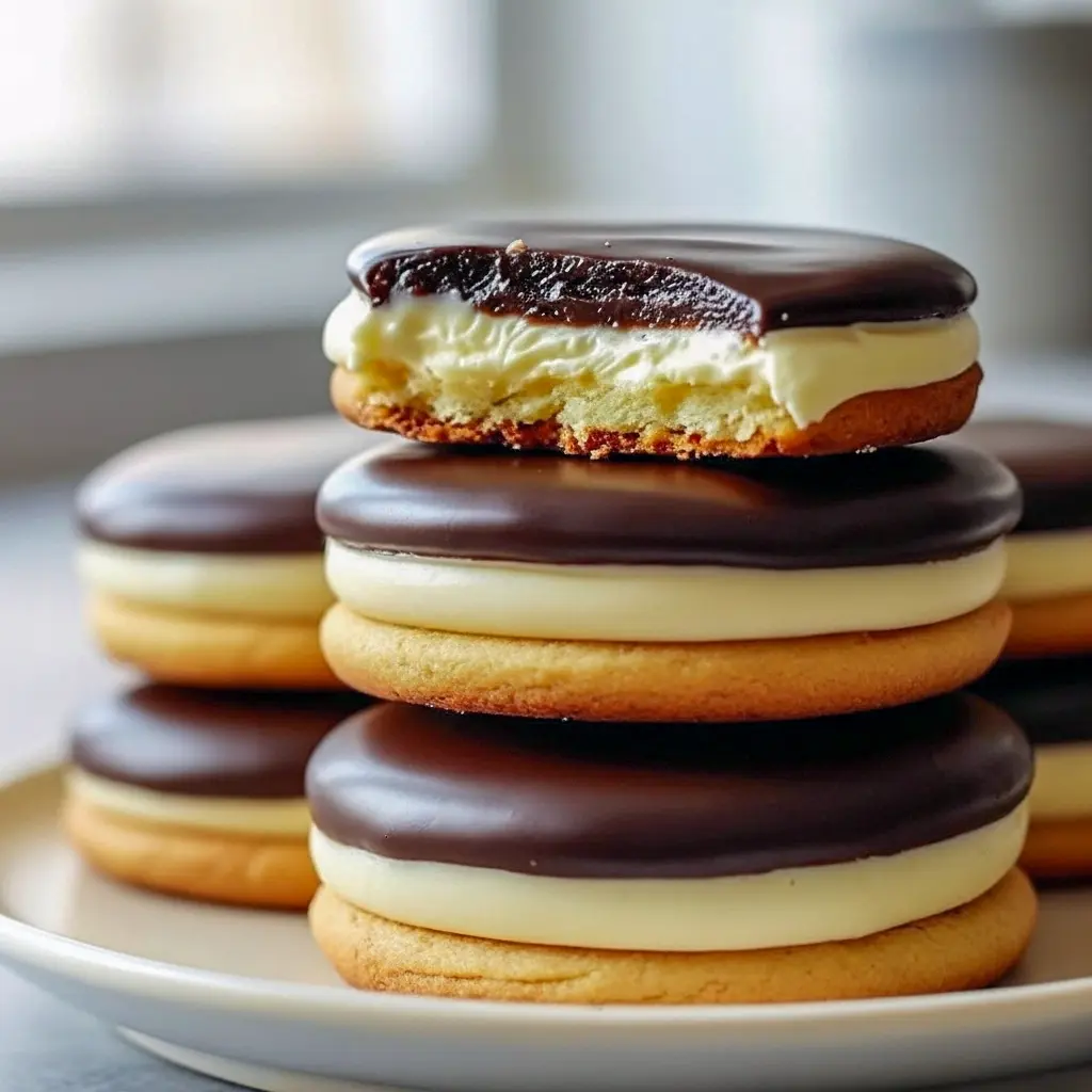 Two round sandwich cookies filled with silky cream and topped with a glossy chocolate glaze, arranged on a serving plate.