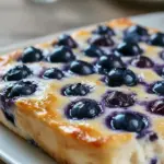 Close-up of a golden Bariatric Blueberry Cottage Cheese Breakfast Bake, showing juicy blueberries and creamy texture — a comforting Cottage Cheese Healthy Breakfast idea from the list of Easy Warm Breakfast Ideas for busy mornings.