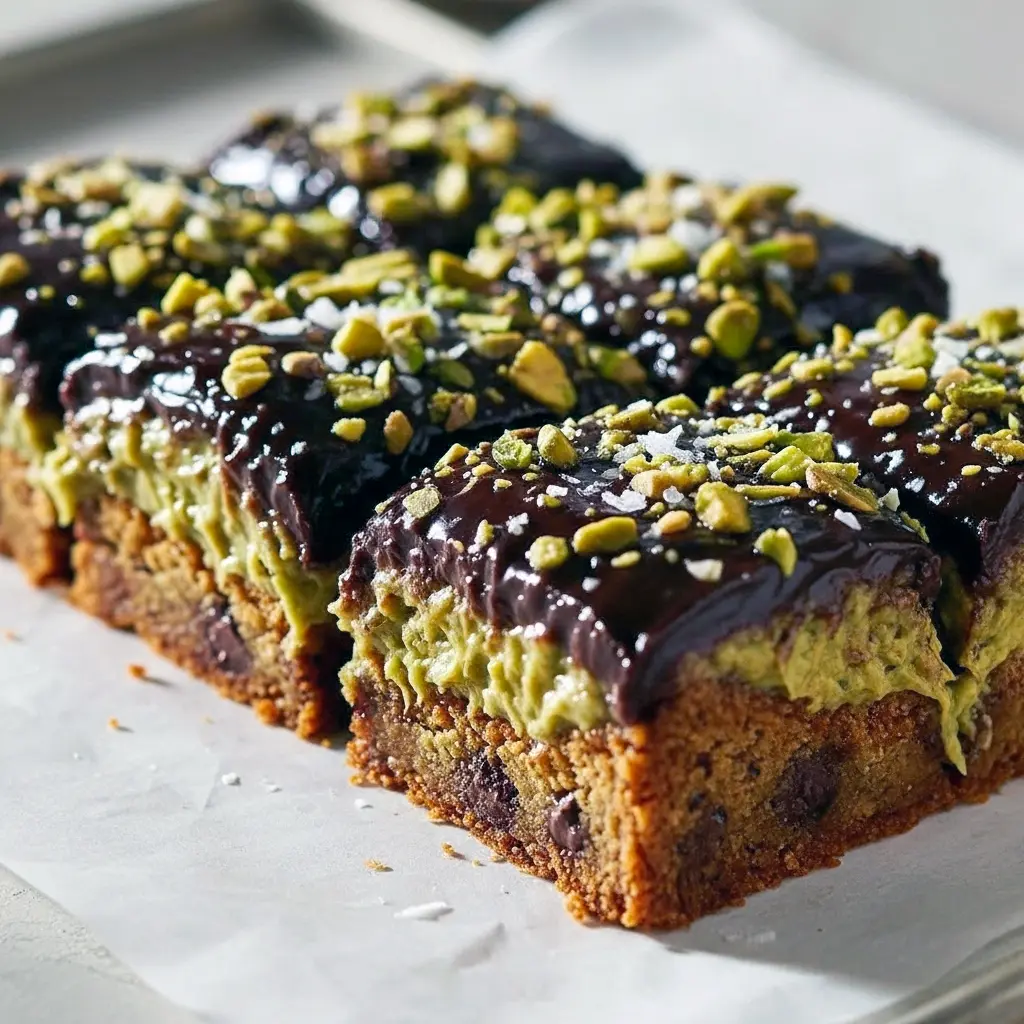Square pistachio cookie bars with a golden-brown top, studded with melty chocolate chips and sprinkled with chopped pistachios, arranged on parchment paper.
