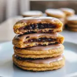 Close-up of golden rectangular cookies with gooey brown-sugar centers, glossy white icing and colorful sprinkles, arranged on parchment paper.