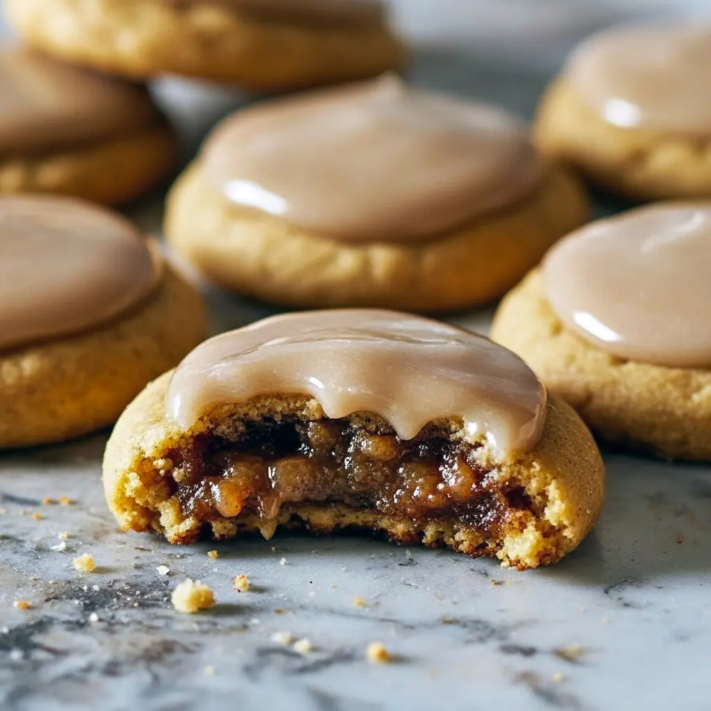 Close-up of golden rectangular cookies with gooey brown-sugar centers, glossy white icing and colorful sprinkles, arranged on parchment paper, Viral Baking Recipes.