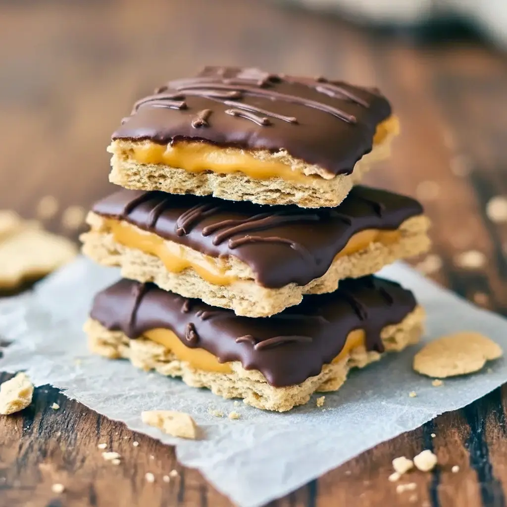 Stack of graham-cracker sandwiches filled with peanut butter, half-dipped in chocolate, on parchment with a sprinkle of chopped peanuts and flaky sea salt, Buckeye Graham Crackers.