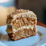 A moist Applesauce Cake With Cinnamon Cream Cheese Frosting sliced in a baking pan, topped with creamy cinnamon icing and dusted with cinnamon sugar — the perfect cozy treat for Cakes For Fall Season and comforting Apple Sauce Desserts.