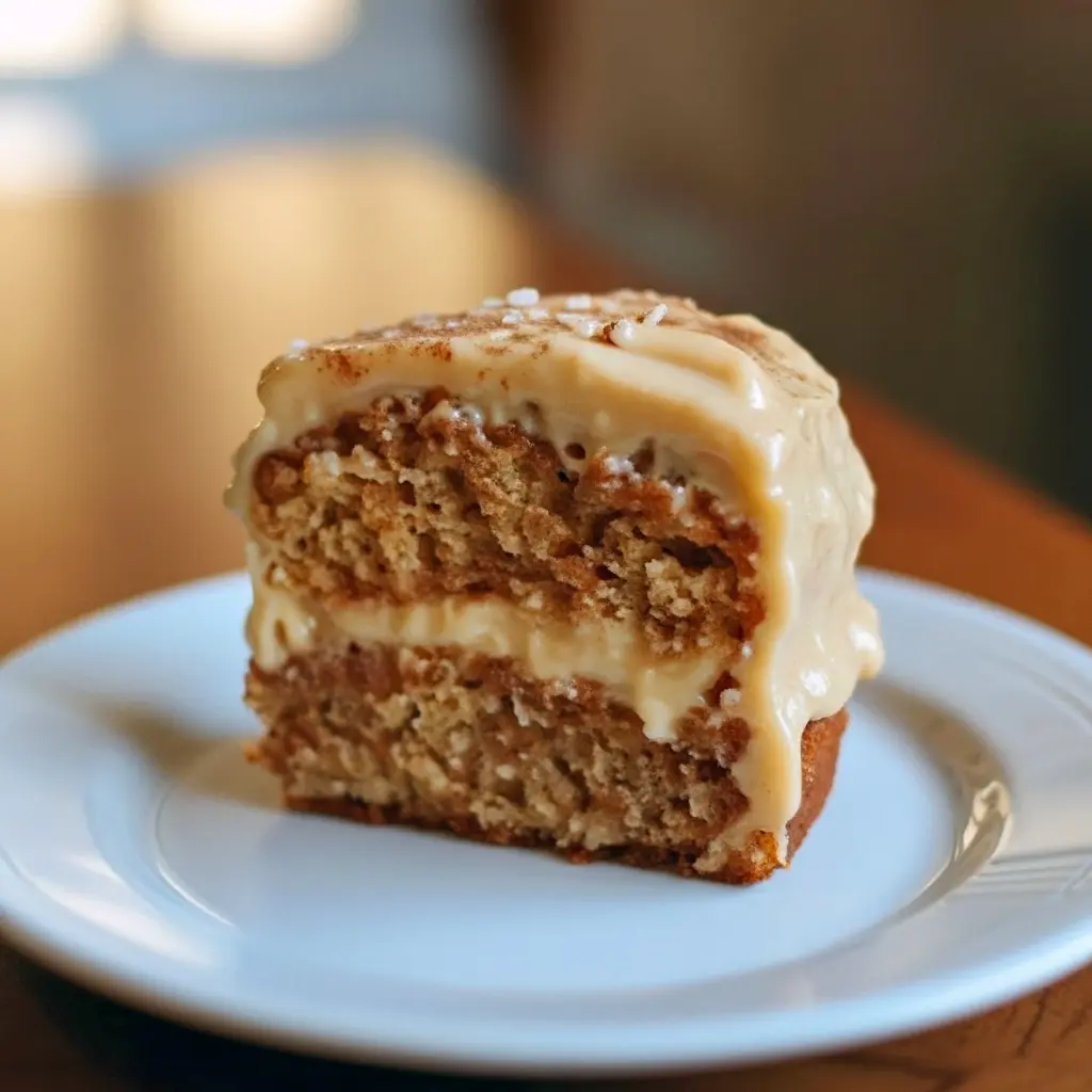 A moist Applesauce Cake With Cinnamon Cream Cheese Frosting sliced in a baking pan, topped with creamy cinnamon icing and dusted with cinnamon sugar — the perfect cozy treat for Cakes For Fall Season and comforting Apple Sauce Desserts.