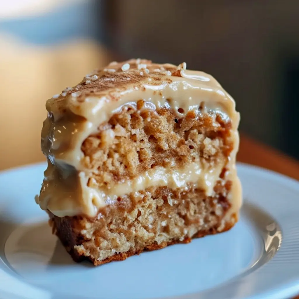 A moist Applesauce Cake With Cinnamon Cream Cheese Frosting sliced in a baking pan, topped with creamy cinnamon icing and dusted with cinnamon sugar — the perfect cozy treat for Cakes For Fall Season and comforting Apple Sauce Desserts.