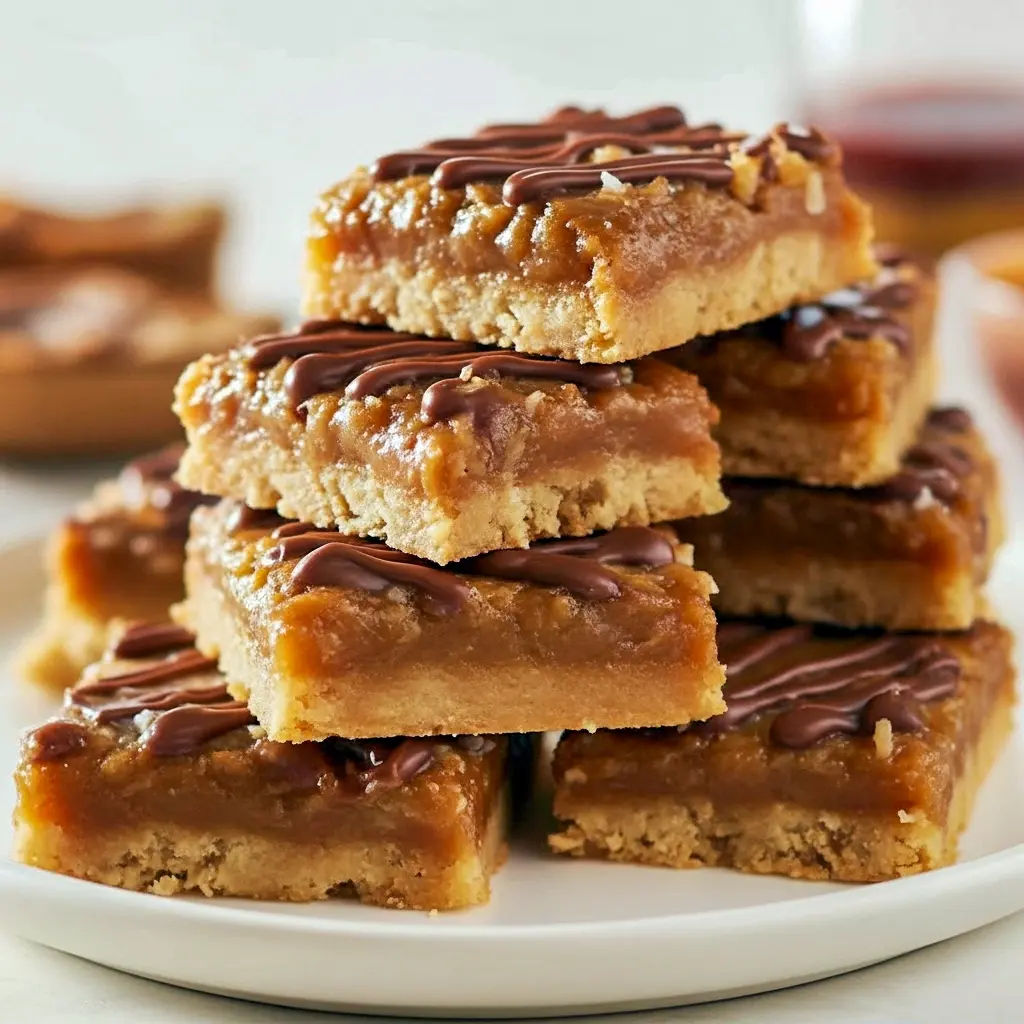 Stack of caramel coconut bars with toasted coconut and chocolate drizzle on parchment-lined board, Easy Coconut Dream Bars.