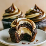 Close-up of a chocolate cupcake piped with whipped coffee cream and glazed with dark ganache — a decadent Chocolate Coffee treat and spot-on Coffee Chocolate Cupcakes idea for fans of Chocolate Gourmet Cupcakes, inspired by Starbucks Cupcakes Recipe style and other Gourmet Cupcake Recipes; perfect as Coffee Cupcakes, fancy Gourmet Cupcakes, a simple Dessert Facile, or one of your favorite Chocolate Desserts.