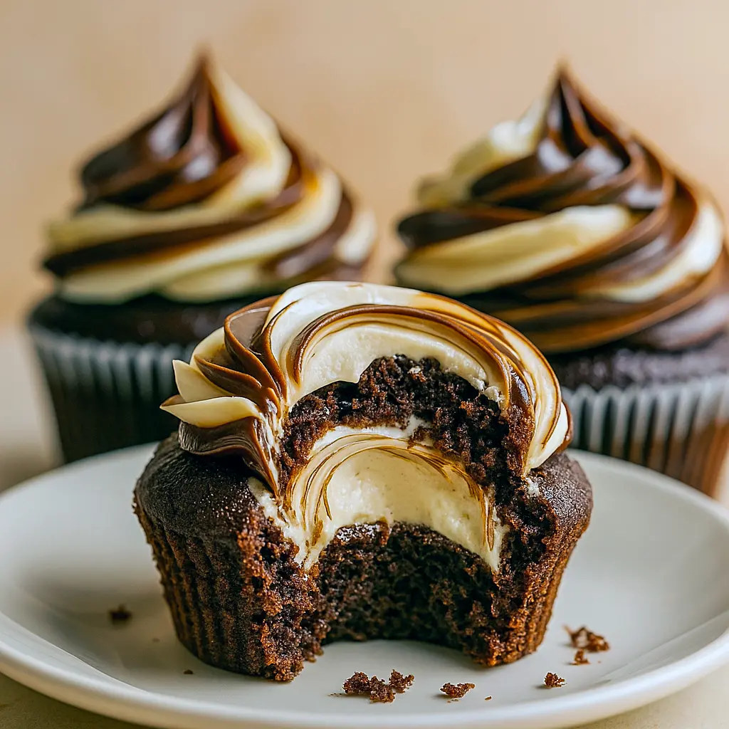 Close-up of a chocolate cupcake piped with whipped coffee cream and glazed with dark ganache — a decadent Chocolate Coffee treat and spot-on Coffee Chocolate Cupcakes idea for fans of Chocolate Gourmet Cupcakes, inspired by Starbucks Cupcakes Recipe style and other Gourmet Cupcake Recipes; perfect as Coffee Cupcakes, fancy Gourmet Cupcakes, a simple Dessert Facile, or one of your favorite Chocolate Desserts.