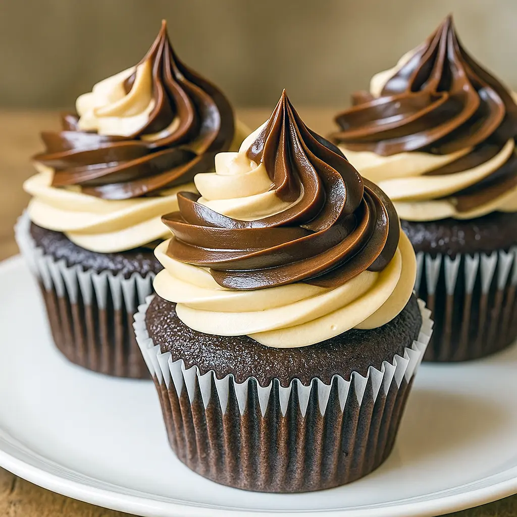 Close-up of a chocolate cupcake piped with whipped coffee cream and glazed with dark ganache — a decadent Chocolate Coffee treat and spot-on Coffee Chocolate Cupcakes idea for fans of Chocolate Gourmet Cupcakes, inspired by Starbucks Cupcakes Recipe style and other Gourmet Cupcake Recipes; perfect as Coffee Cupcakes, fancy Gourmet Cupcakes, a simple Dessert Facile, or one of your favorite Chocolate Desserts.