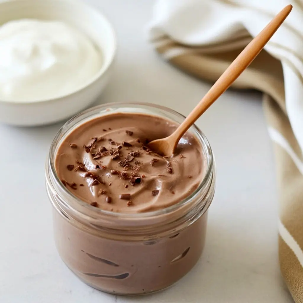 Glass jar of creamy Low Calorie Chocolate Yogurt topped like a Weight Watchers Yogurt Parfait, perfect for a Diy Yogurt Parfait Bar and other Healthy Desserts With Yogurt.