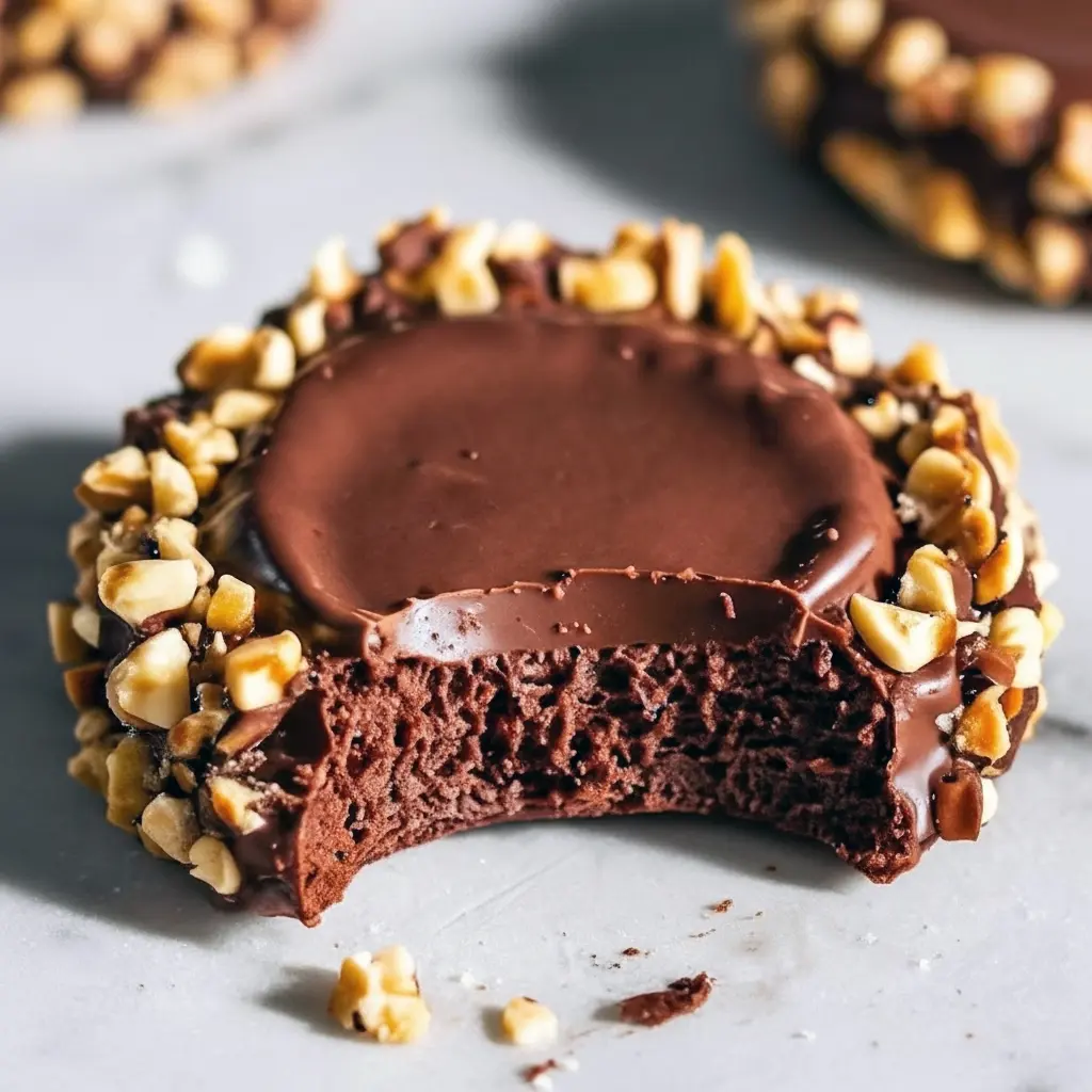 Chocolate-hazelnut thumbprint cookies rolled in chopped hazelnuts with glossy chocolate centers, arranged on a rustic plate.