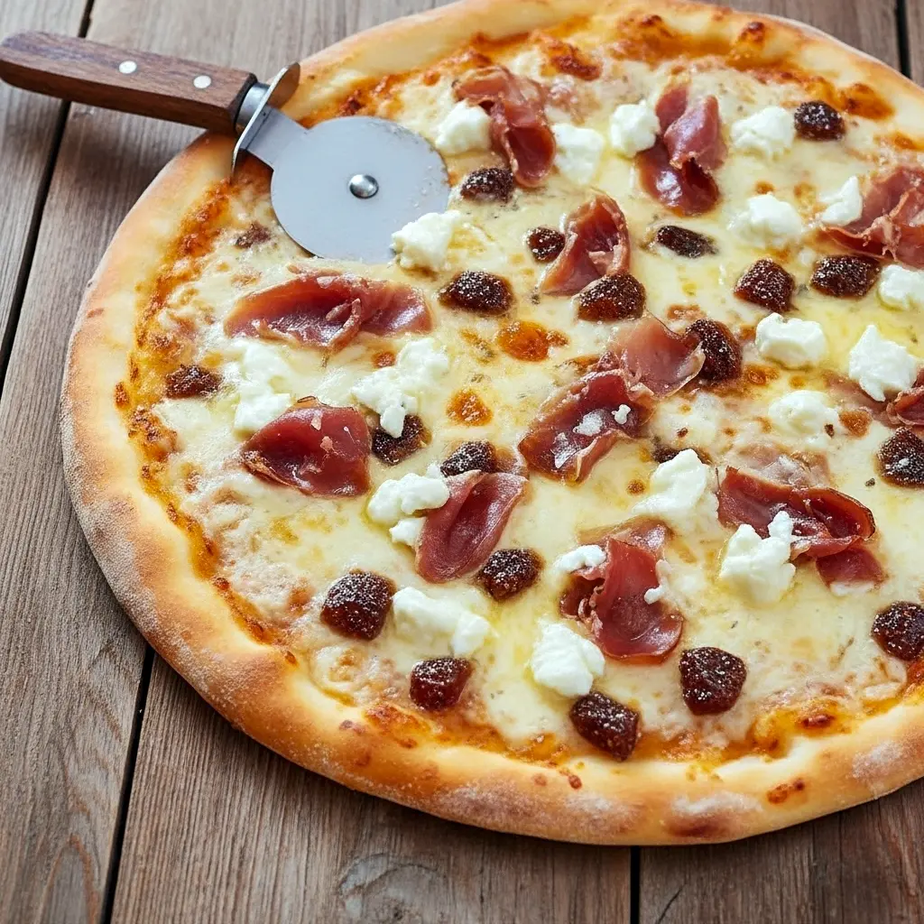 Thin-crust pizza topped with fig preserves, melted mozzarella, torn prosciutto and crumbled goat cheese, sliced on a wooden board.