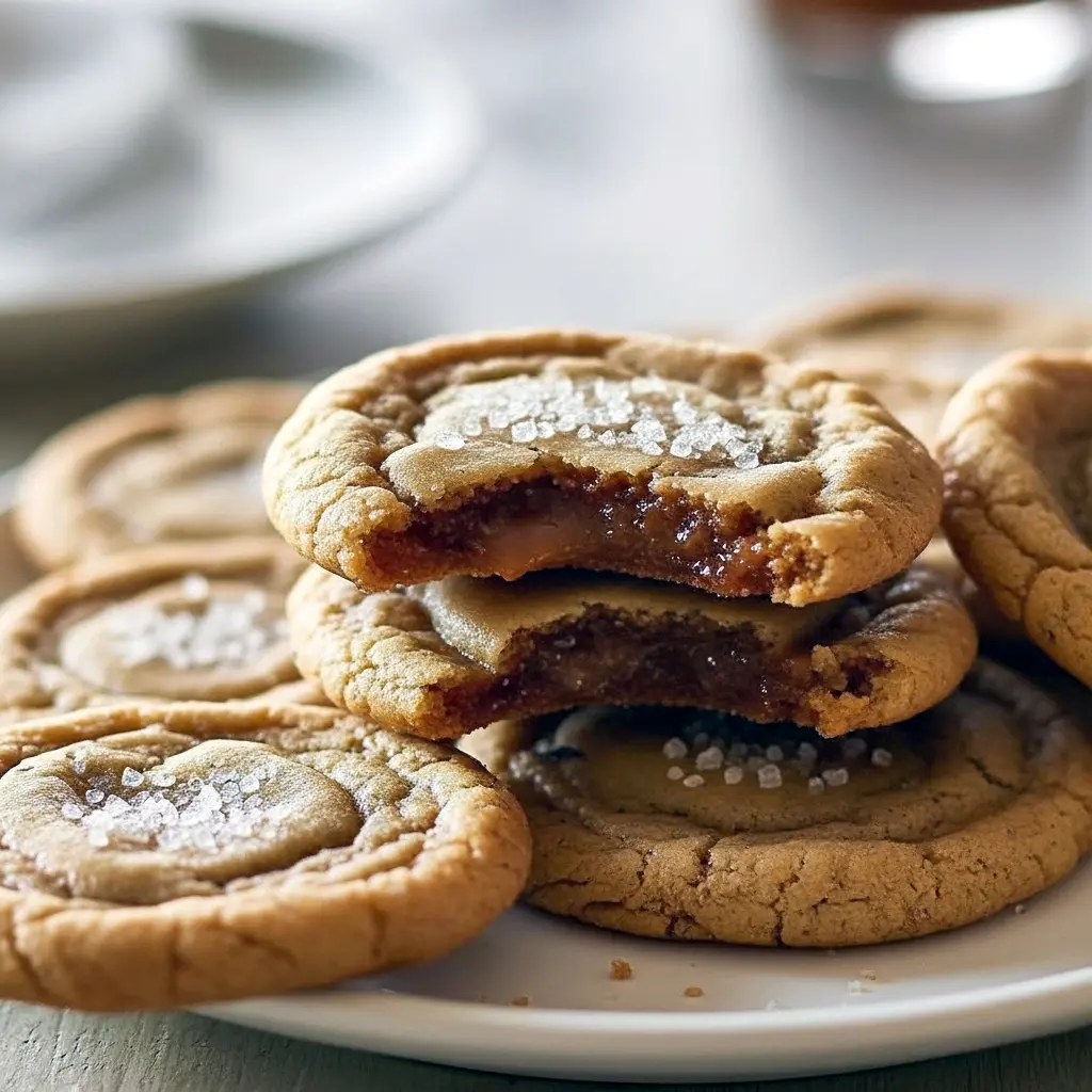 Stack of chewy brown sugar maple cookies on a rustic wooden board, drizzled with maple syrup and sprinkled with sea salt, surrounded by fall leaves and a cozy mug of coffee.