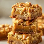 Stack of golden butterscotch-toffee cookie bars on a white plate, studded with toffee pieces and served with a small scoop of vanilla ice cream.
