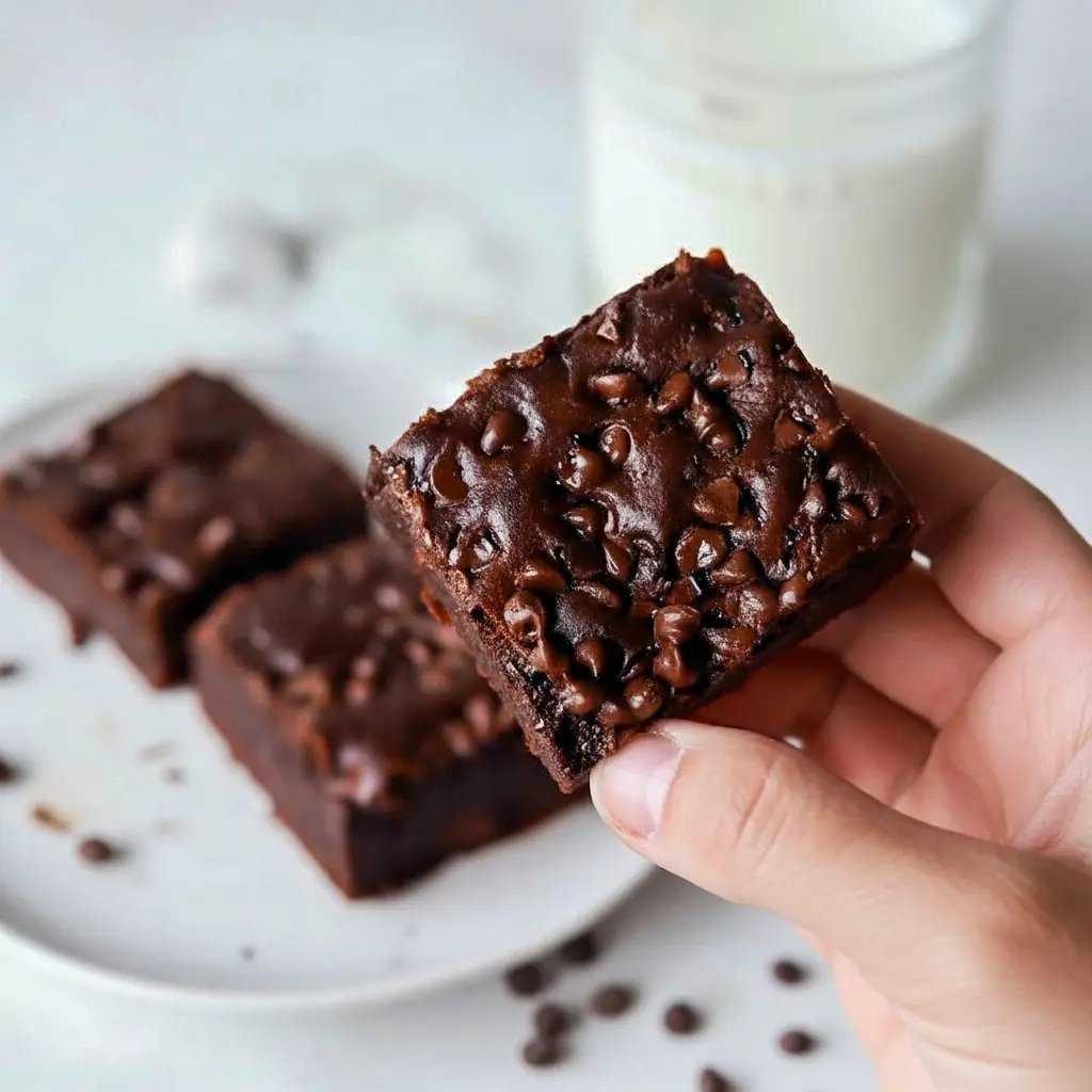 Close-up of fudgy Cheese Brownies with shiny tops and melty chips — a standout on Cottage Cheese Dessert Recipes lists, praised as Cottage Cheese Recipes Healthy and among the best Cottage Cheese Desserts; a creative Cheese Dessert that’s also one of the most Delicious Brownies, perfect for Protein Desserts, featured in Cottage Cheese Recipes and Healthy Sweets Recipes.