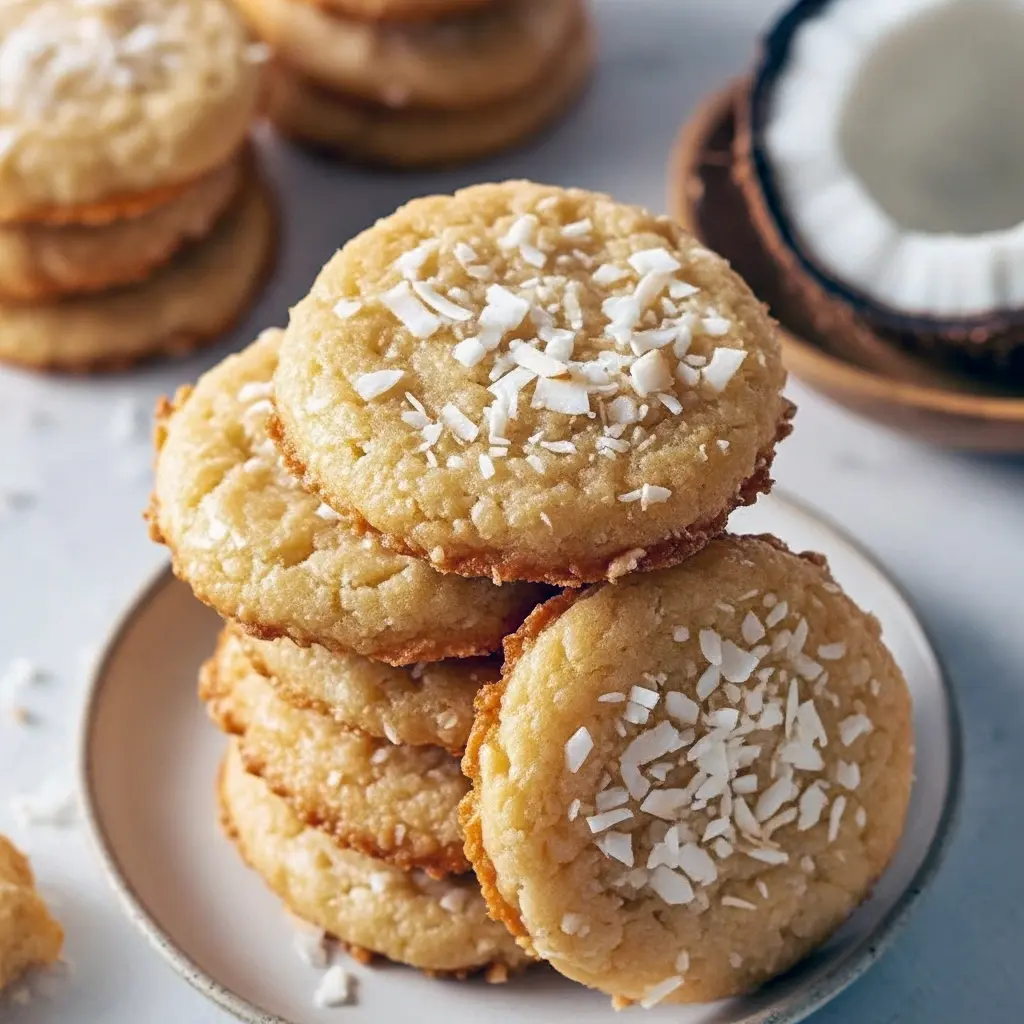 Close-up of chewy coconut cookies with toasted coconut flakes and golden edges on a cooling rack.
