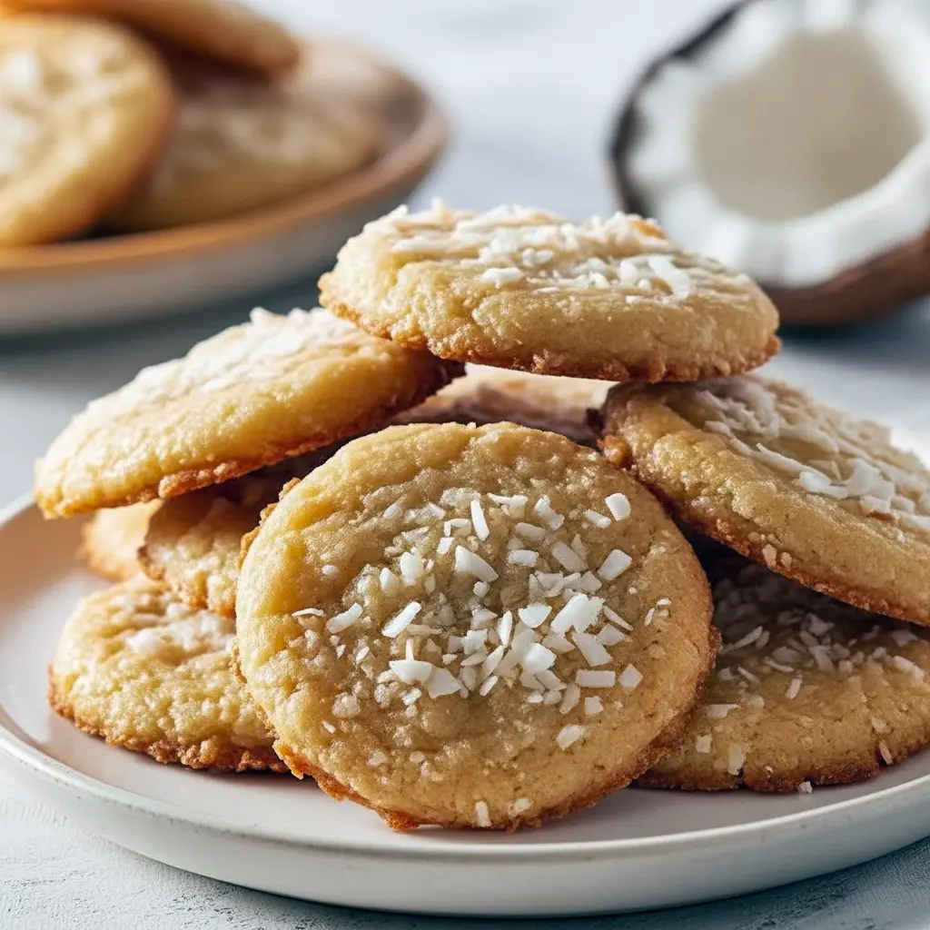 Close-up of chewy coconut cookies with toasted coconut flakes and golden edges on a cooling rack.